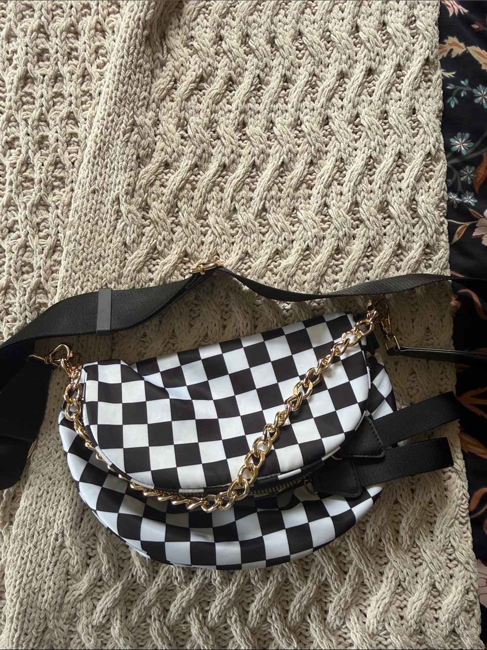 Gold Rush Checkerboard Crossbody Bag with Gold Chain - Black & White